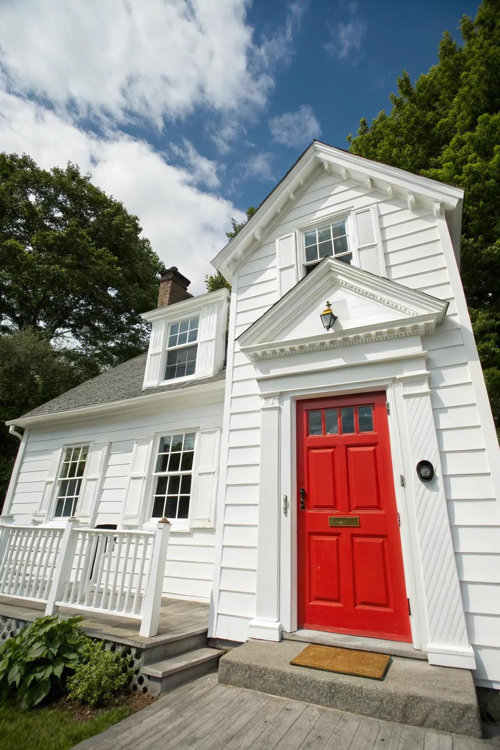 White residence with a bold crimson door, making a powerful visual impact.
