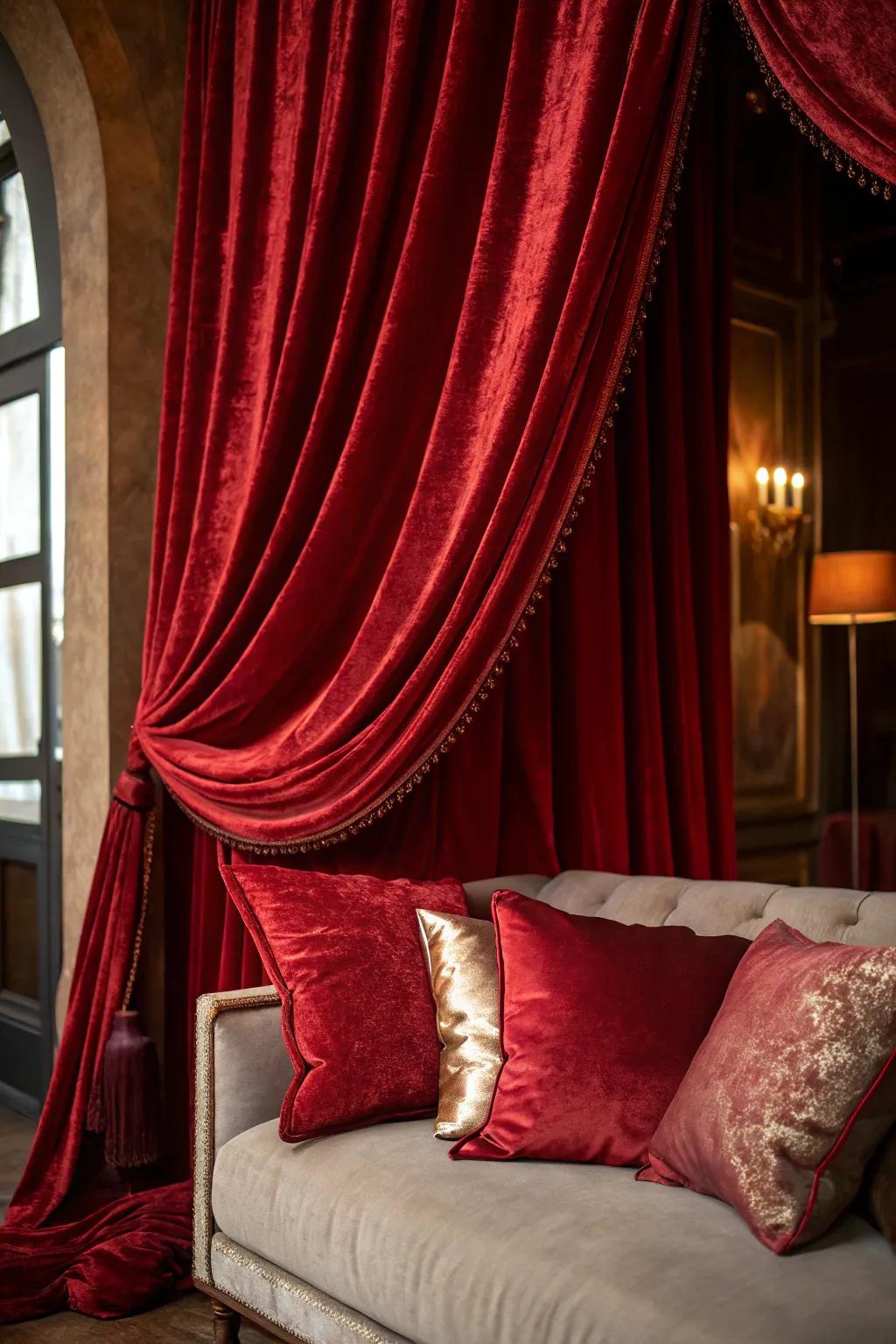 Abundant textures of velvet and silk in crimson generate a luxurious ambiance.