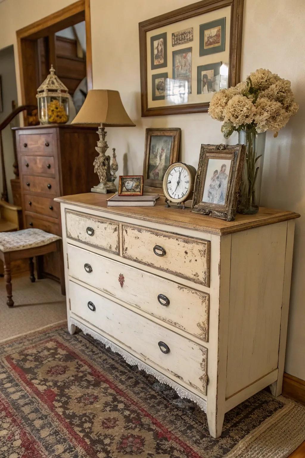 A distressed finish adds timeless charm to any dresser.