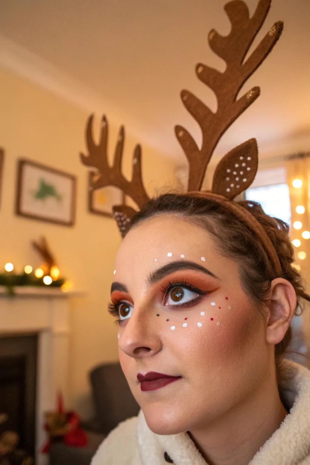 Show-stopping optical cosmetics take the reindeer face art to unprecedented degrees.