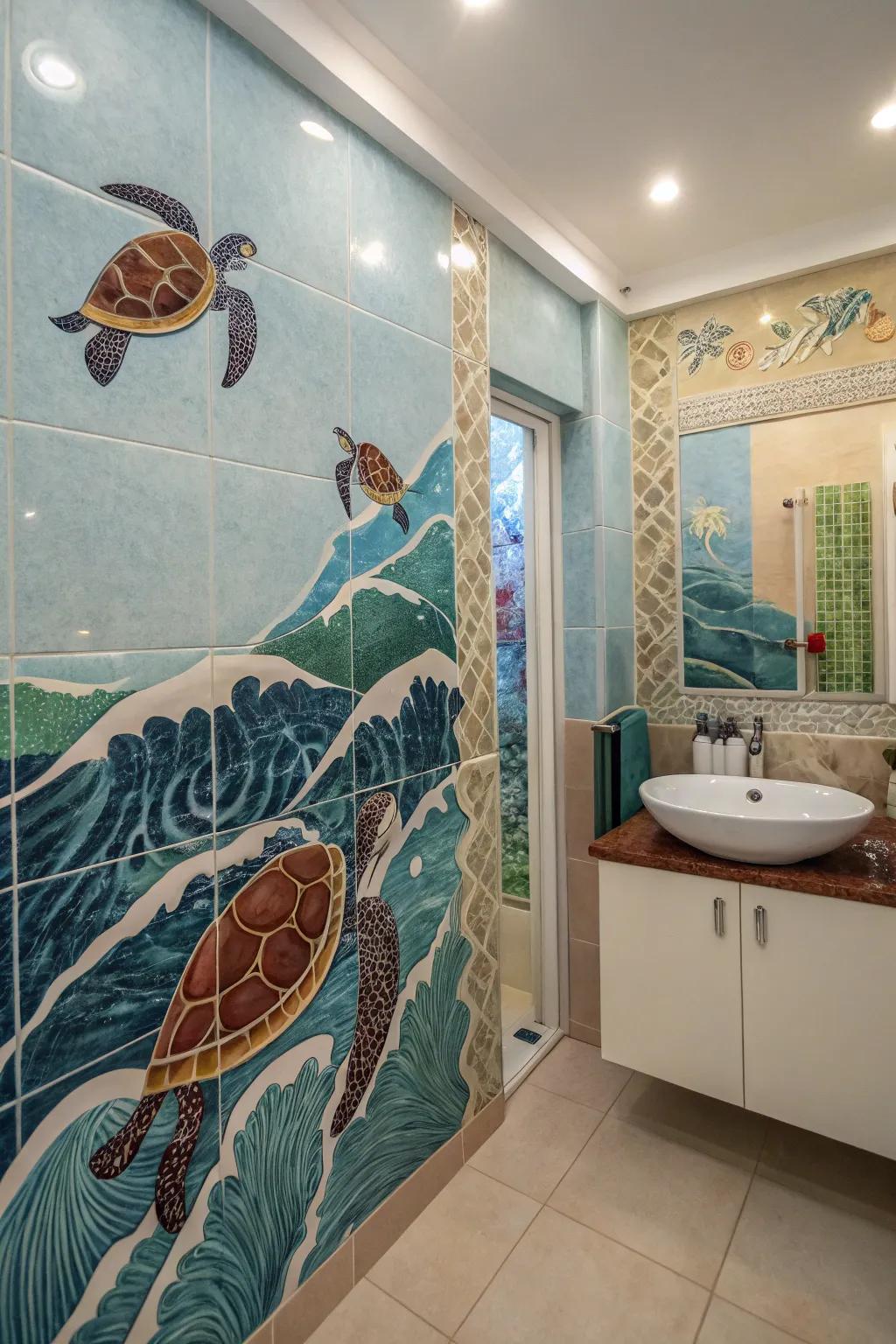 Ocean-themed tiles bring a soothing, beachy vibe to the bathroom.