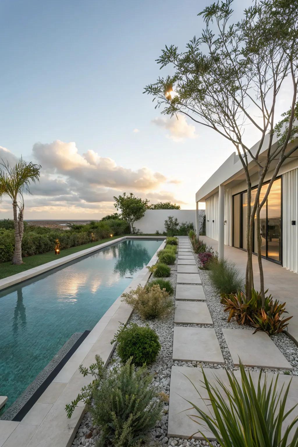 Simple yard design enhances the sleek style of modern pools.