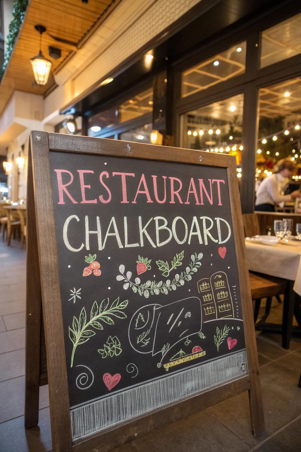 A chalkboard featuring a humorous phrase that adds a playful touch to the restaurant's decor.