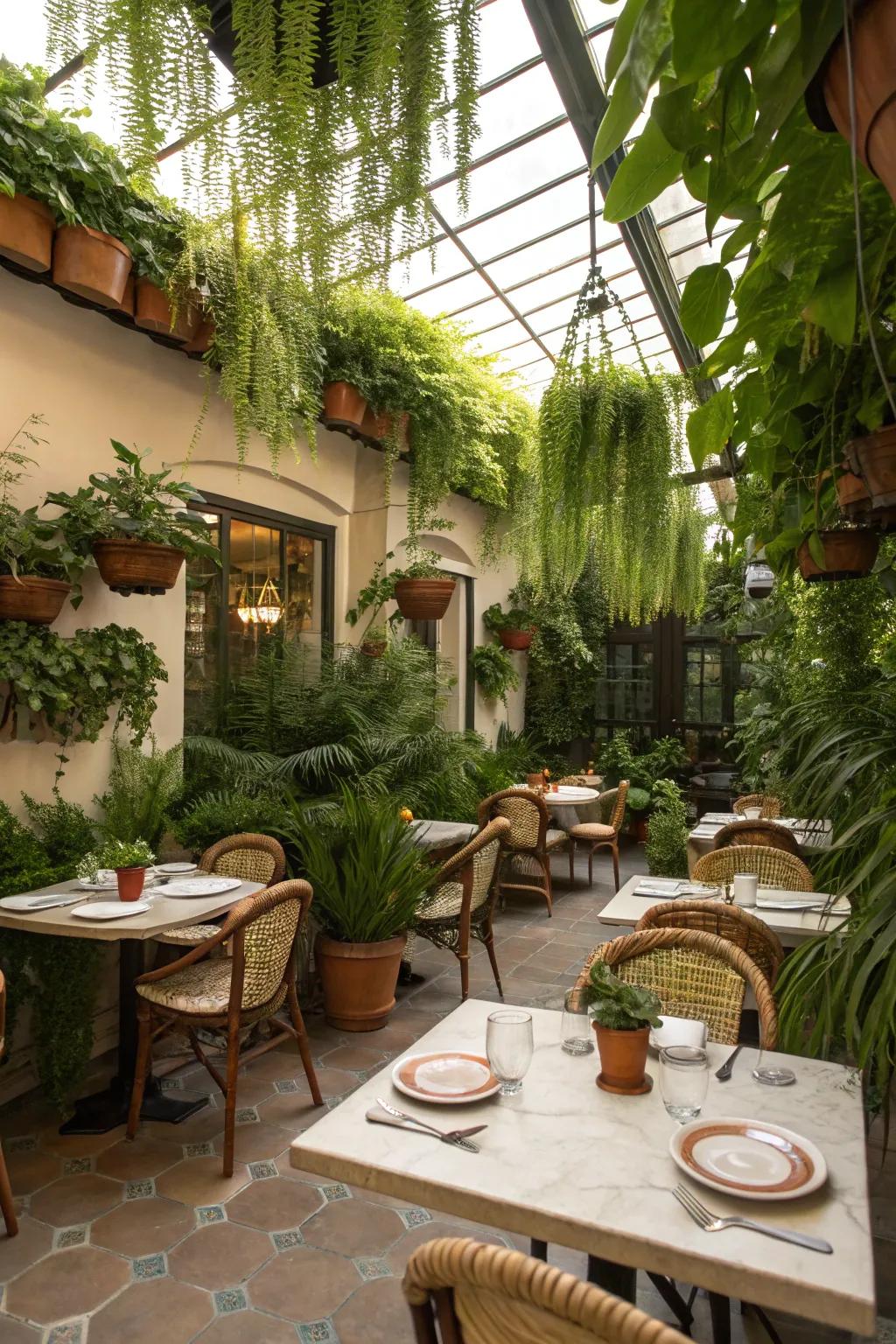 Vegetation brings tranquility to restaurant decor.
