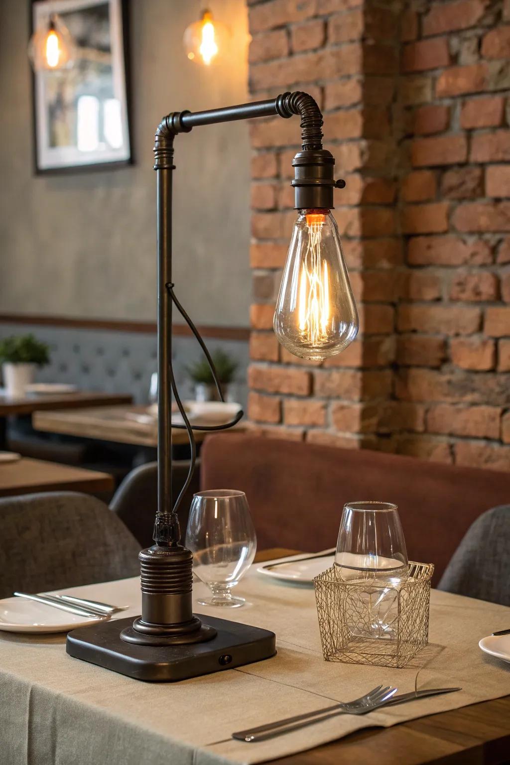 An industrial metal table lamp with an exposed bulb stands on a restaurant table against a brick wall.