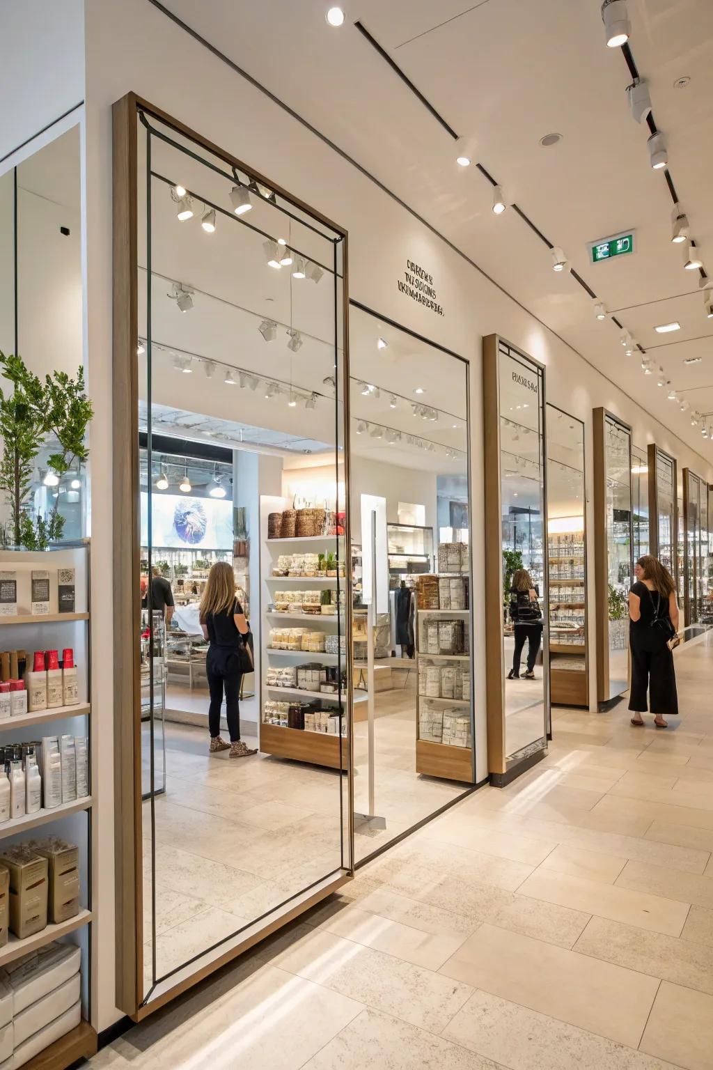 Strategic mirror placement can transform a small retail space into a seemingly vast environment.