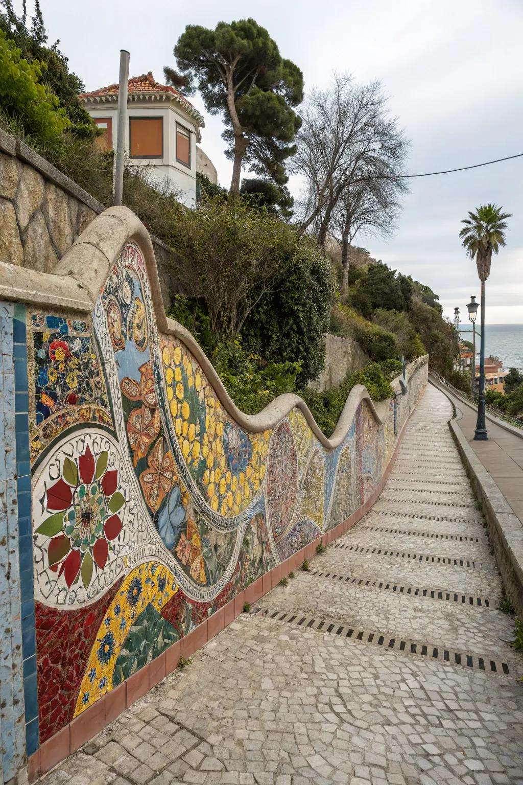 Infuse artistic flair into your retaining wall with mosaics.
