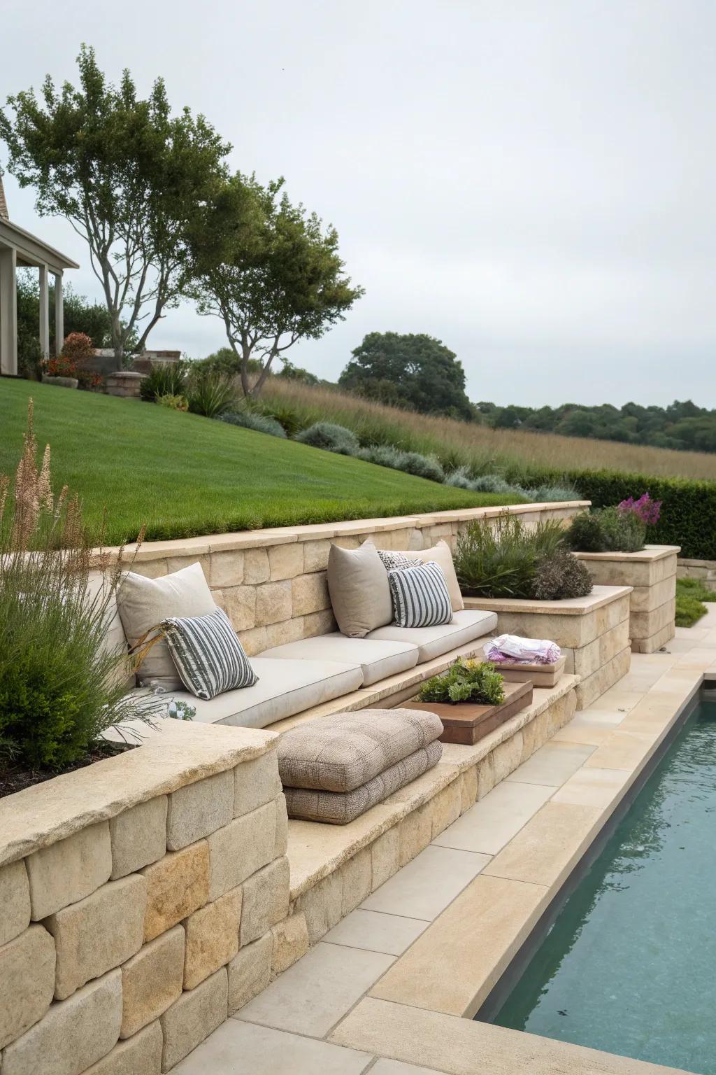 A retaining wall with built-in seating for poolside relaxation.
