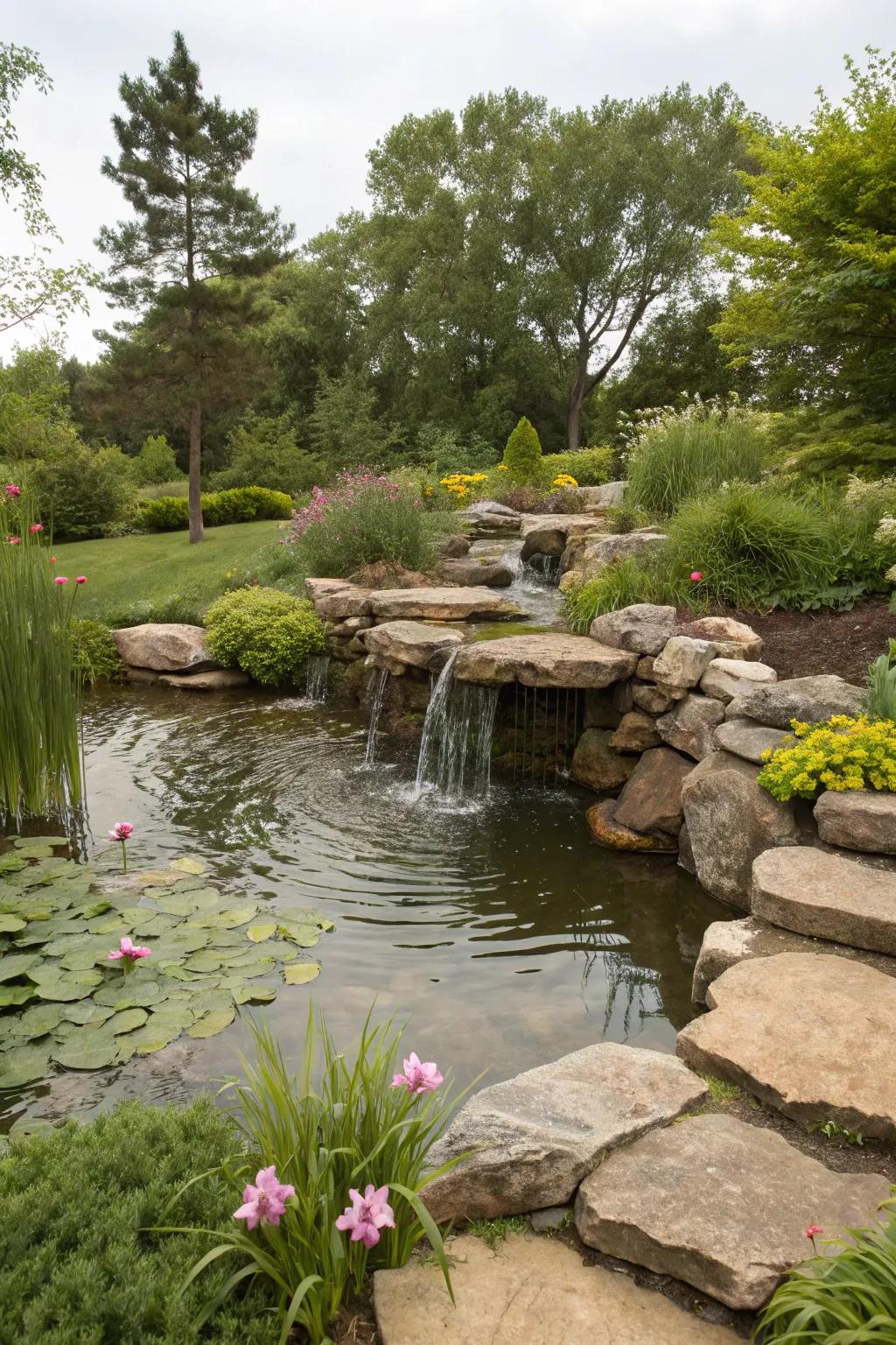 A stone hydrological feature adds calmness and activity to the landscape.