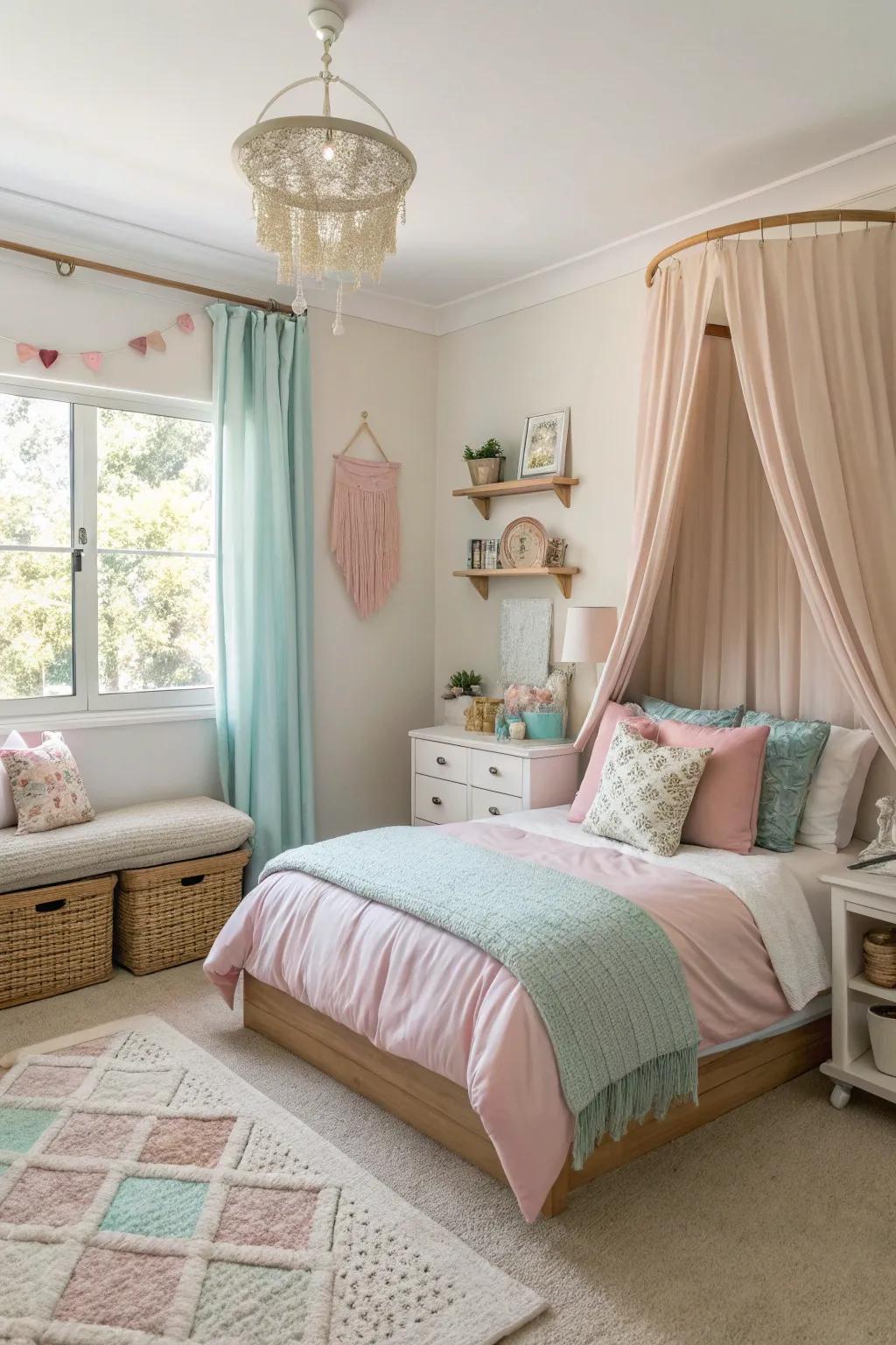 Neutral and soft tones establish a serene mood.