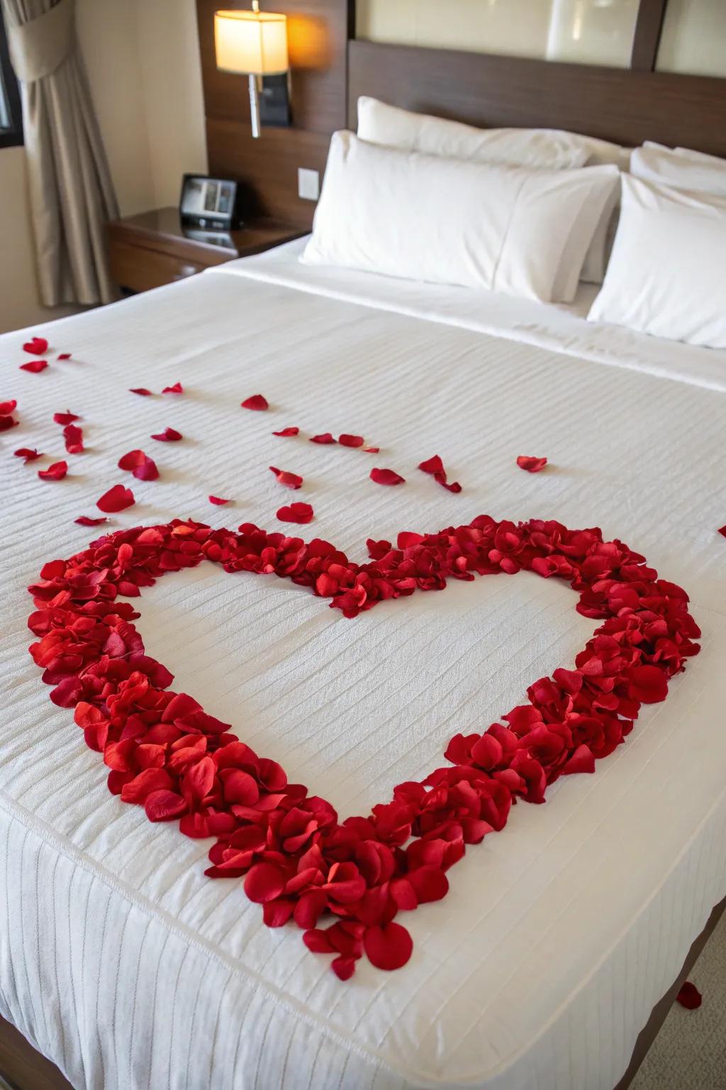 A rose petal heart is a classic romantic gesture.