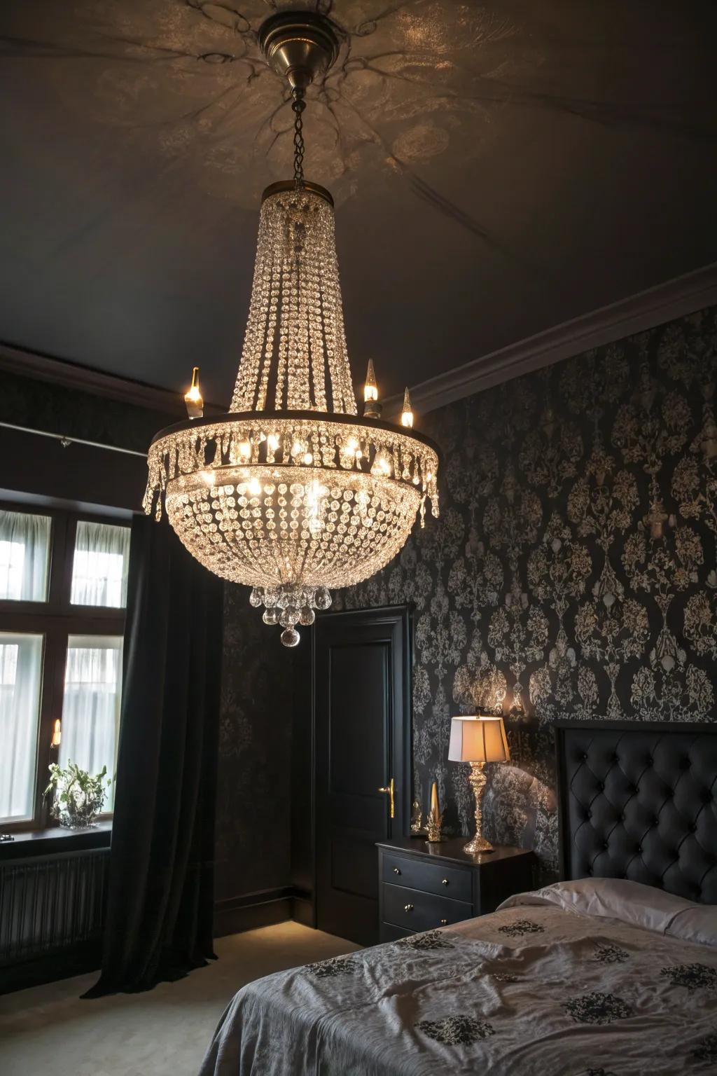 A crystal candelabra serves as a captivating focal point in a gothic-themed sleeping quarters.
