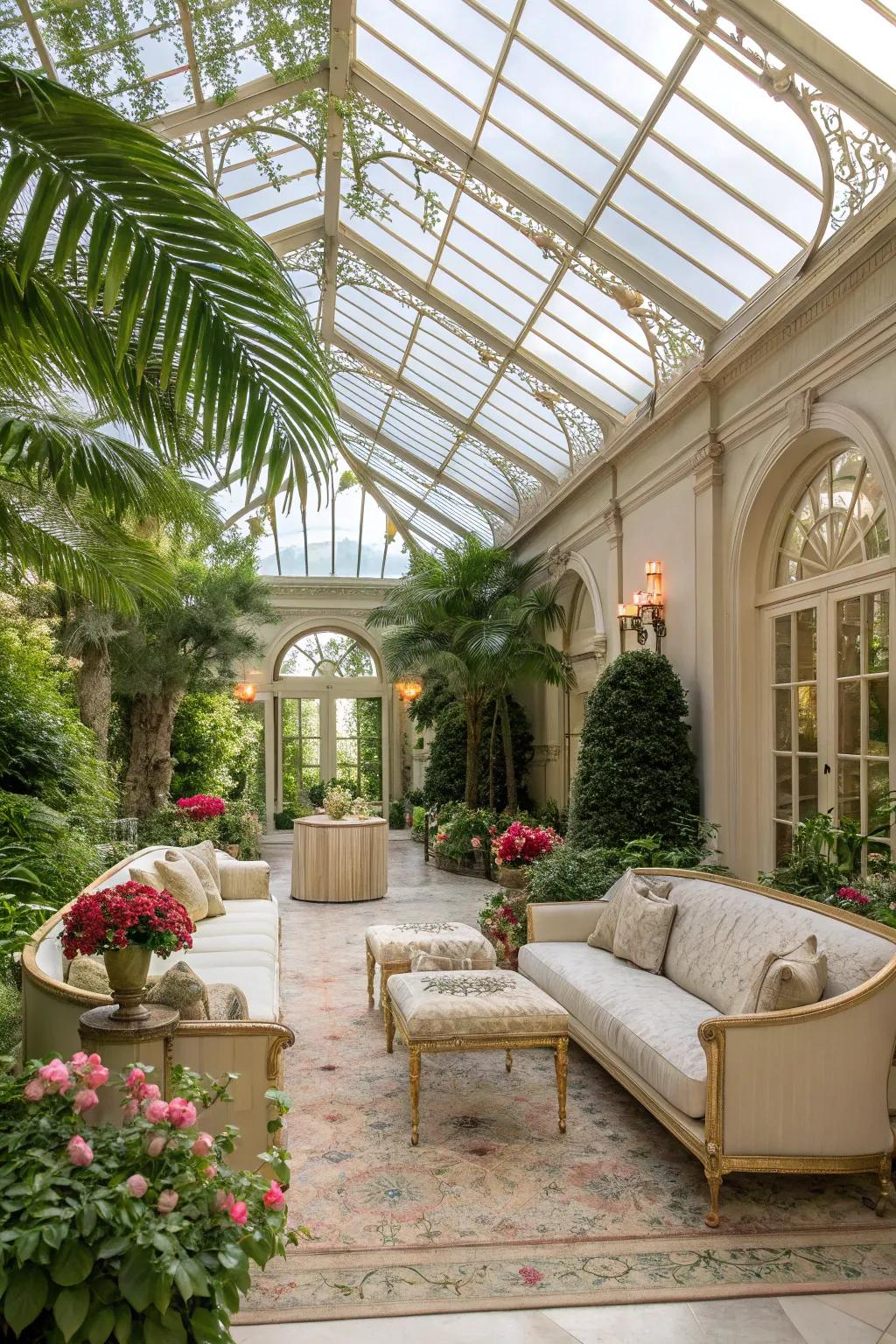 Greenhouse glass roofs fashion radiant, welcoming environments.