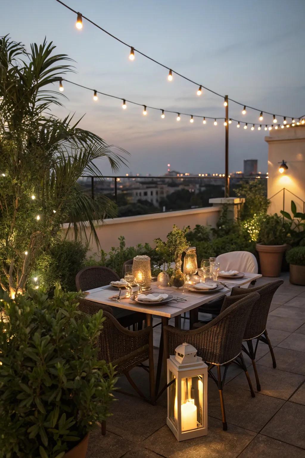 Savor moments under the stars with a thoughtfully arranged rooftop dining ensemble.