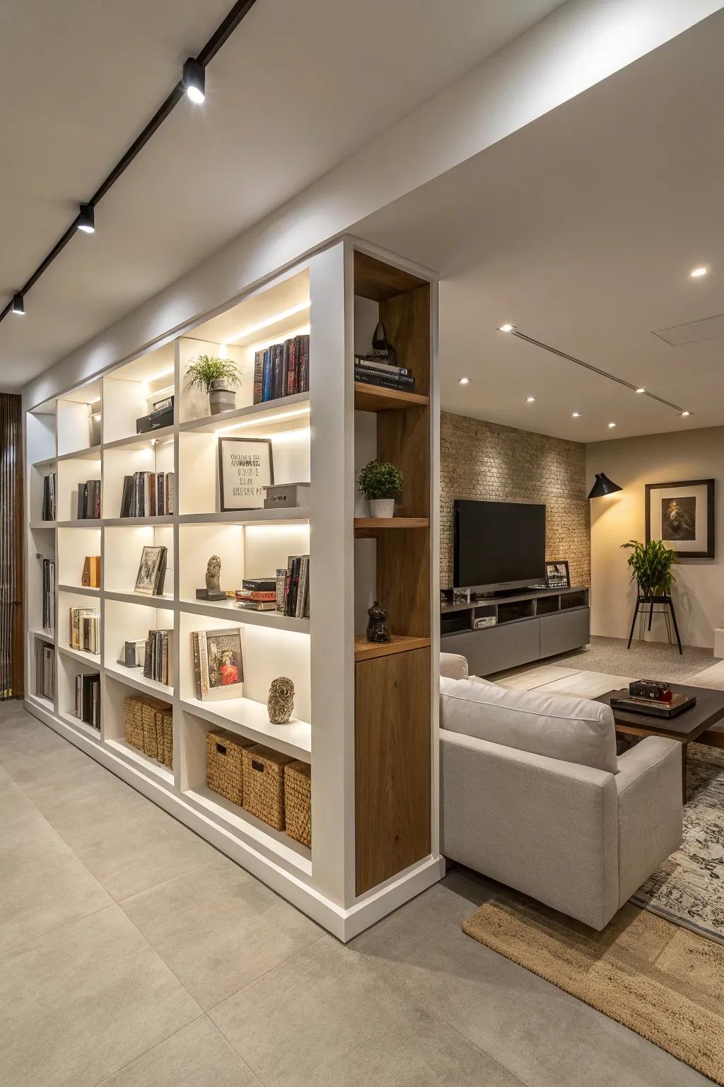 Open shelving units are not only functional but also add a stylish flair to space division.