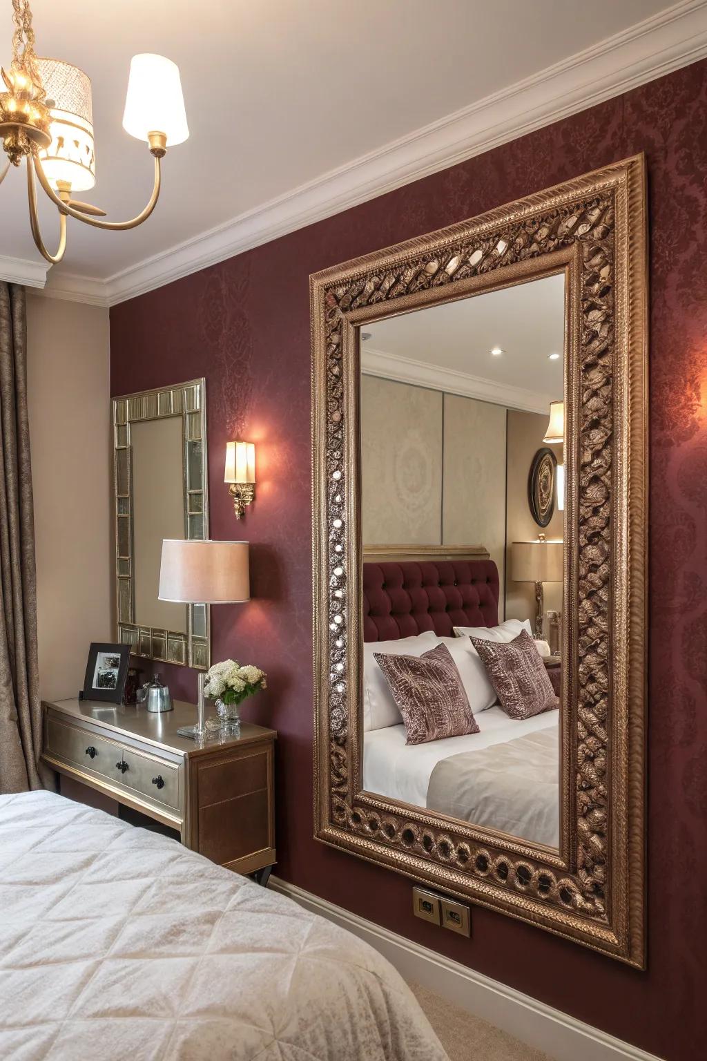 A rose gold framed mirror boosts the room's elegance and sense of space.