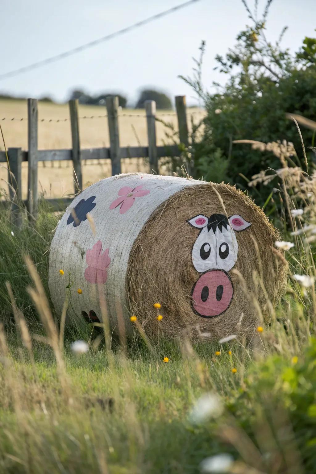 Develop a whimsical farmyard using hay bales painted as lovable animals, guaranteed to delight guests of all ages.
