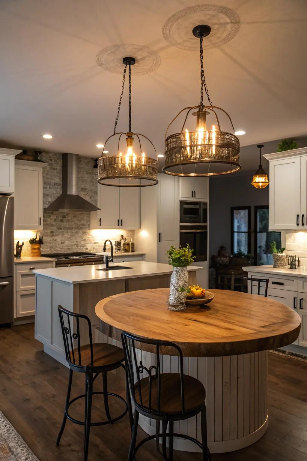 Suspended lighting introducing sophistication and emphasis upon a circular kitchen centerpiece.