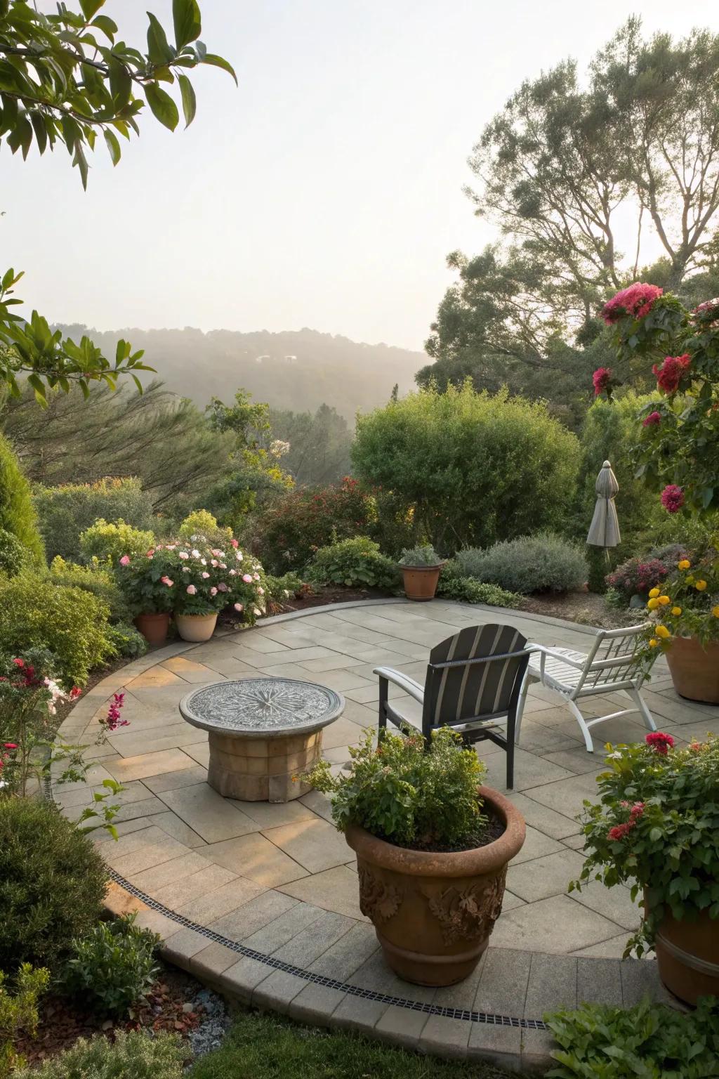 Greenery envelops this circular patio, crafting a natural haven.