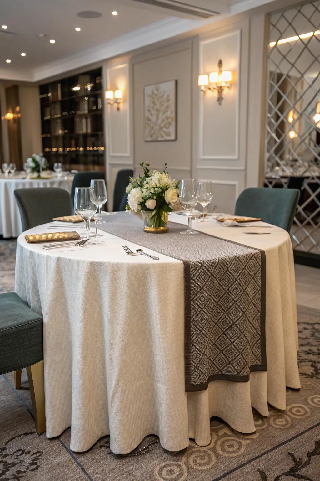 Overlaying textiles imparts measurement to table displays.