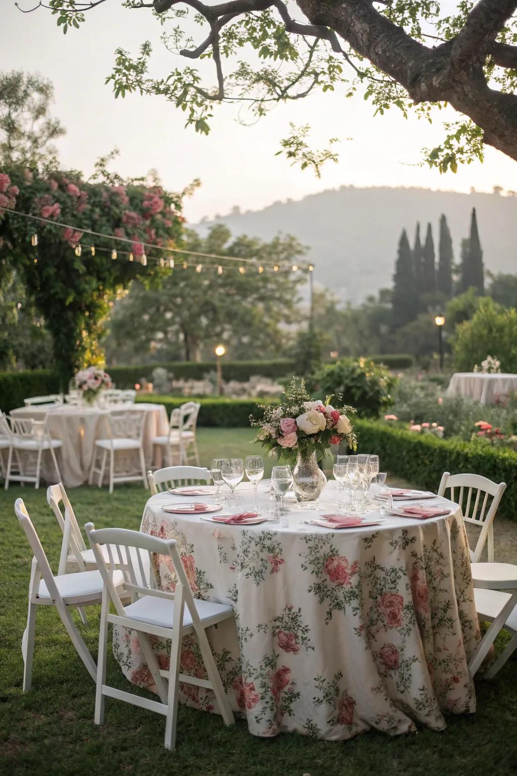 Table covering decorated with floral patterns adding a whimsical touch to a garden wedding.