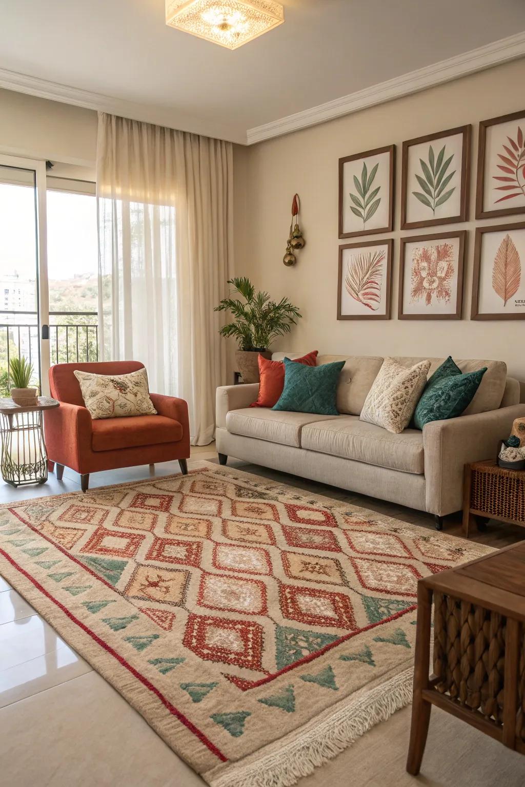 A thoughtfully chosen rug beautifully harmonizes a room&rsquo;s color narrative.