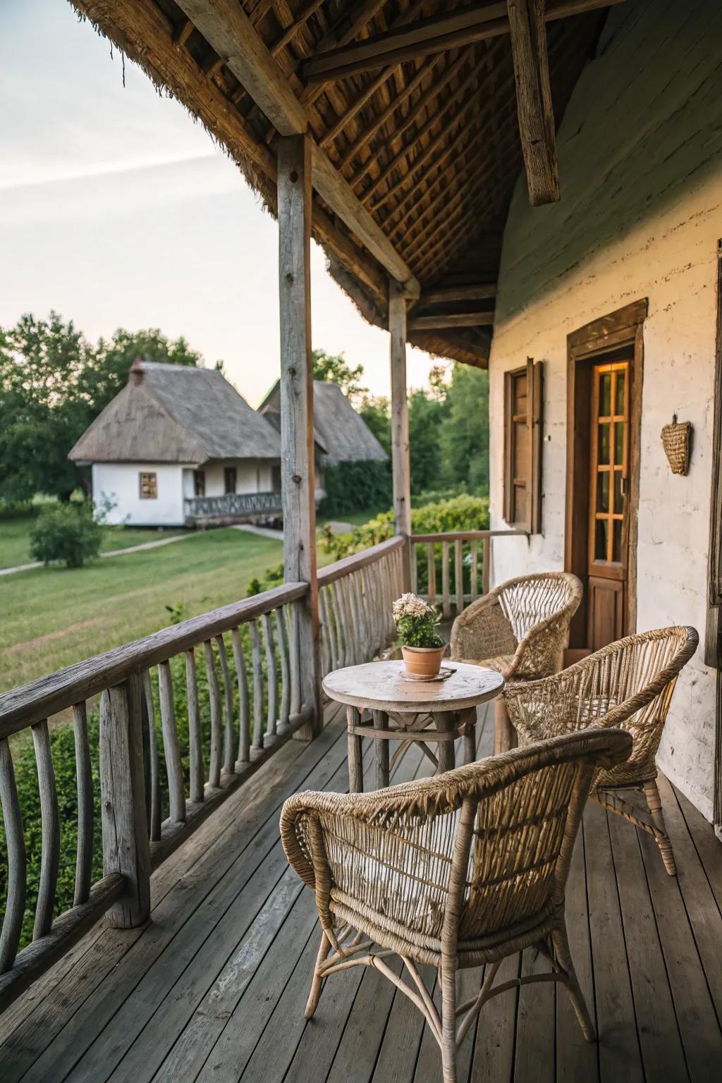 Wicker furniture adds an inviting touch to this rustic porch.