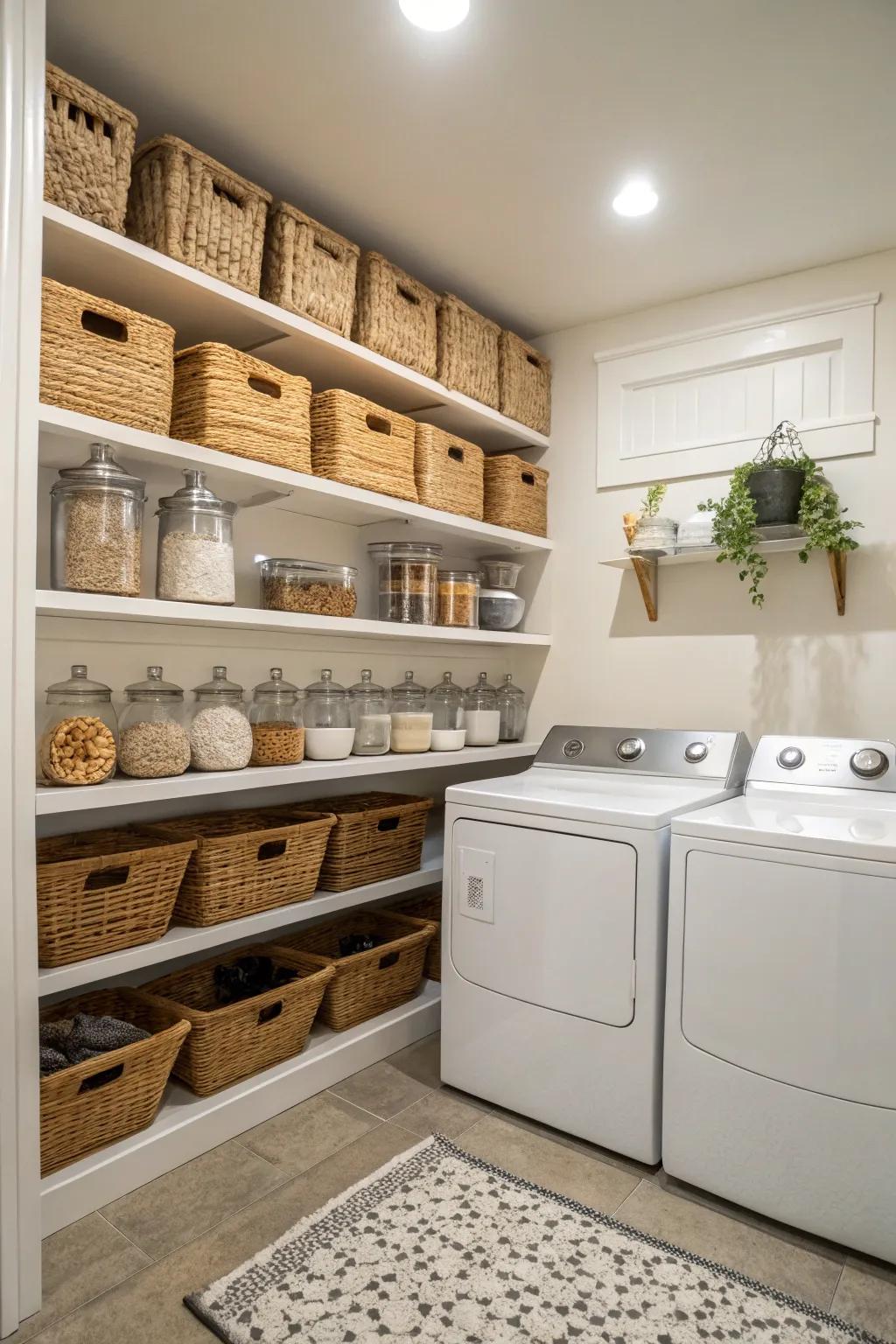 Visible shelves offer accessible storage and a hint of rustic elegance.