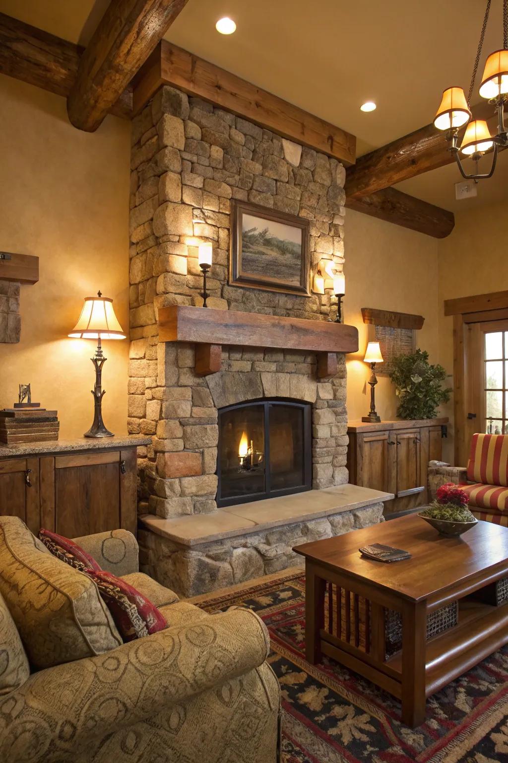 The stone fireplace with welcoming lighting creates a snug, lodge-like ambiance.