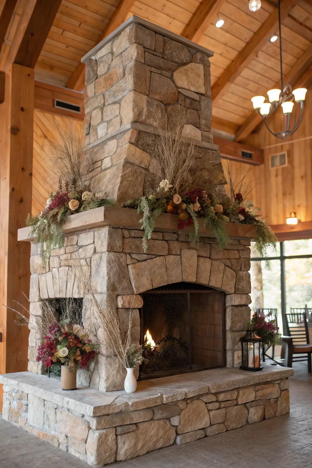 A rock hearth acts as a natural anchor in this rustic personal space.
