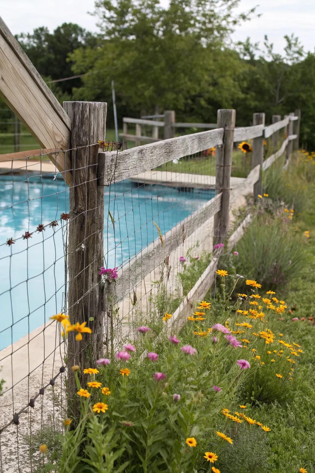 A split-rail fence adding rustic charm to the poolside.
