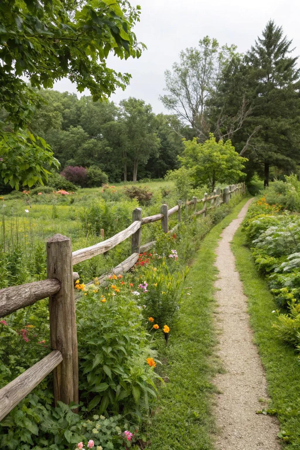A garden pathway bordered by a rustic split rail fence.