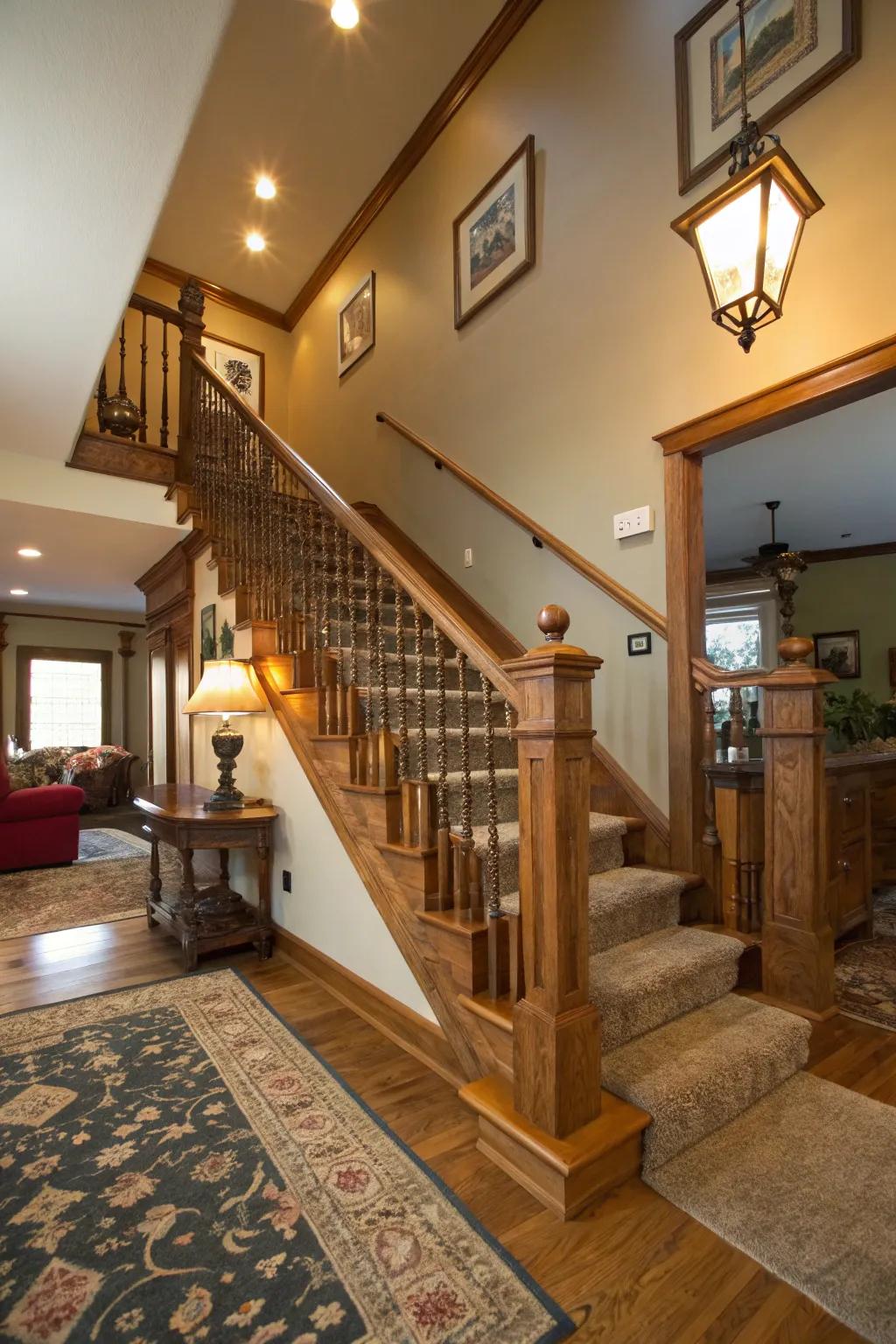 Stout timber balusters contributing warmth and solidity to a rustic staircase.