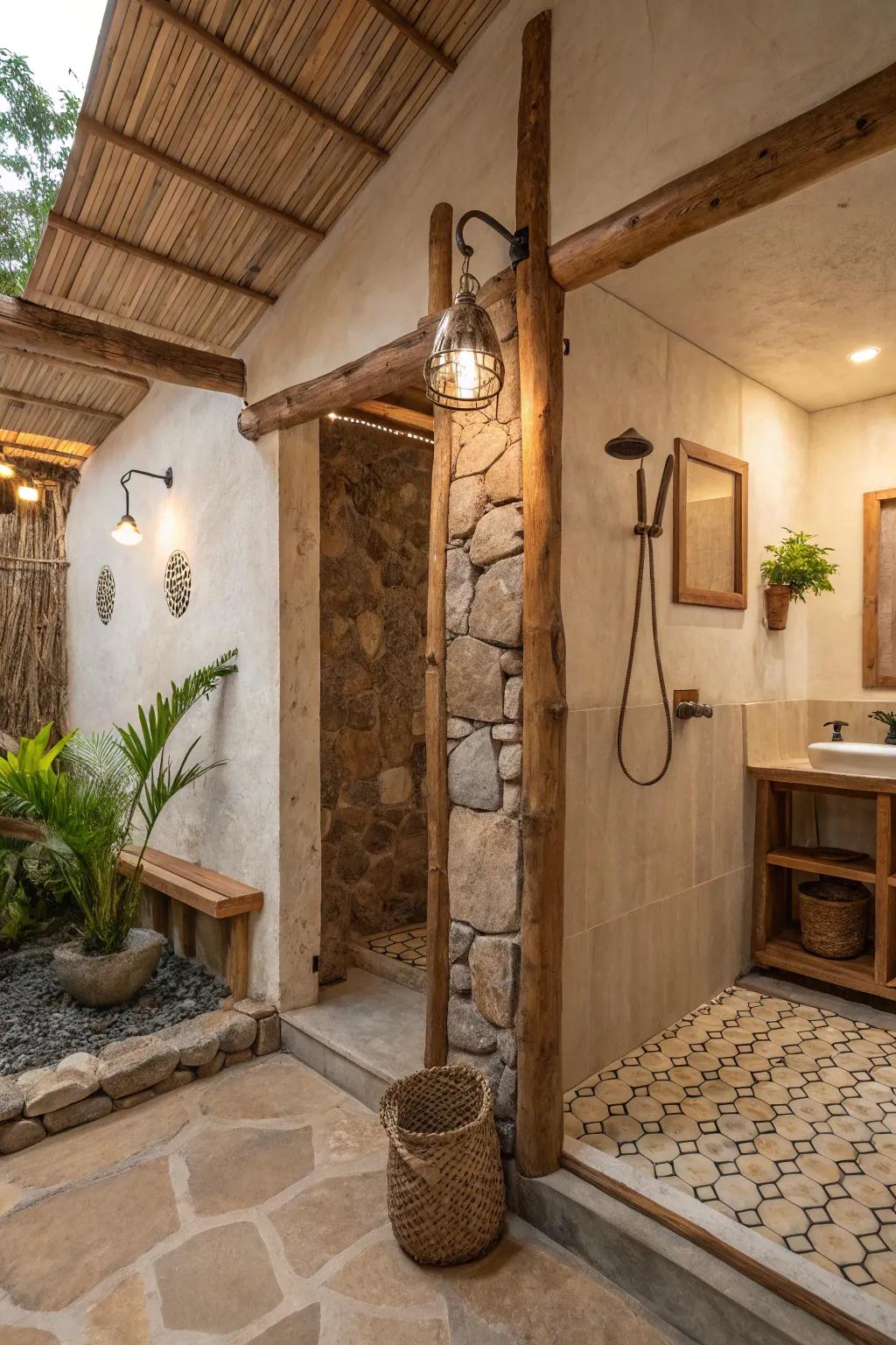 A shower design with neutral and earthy tones that evoke a tranquil and calming environment.