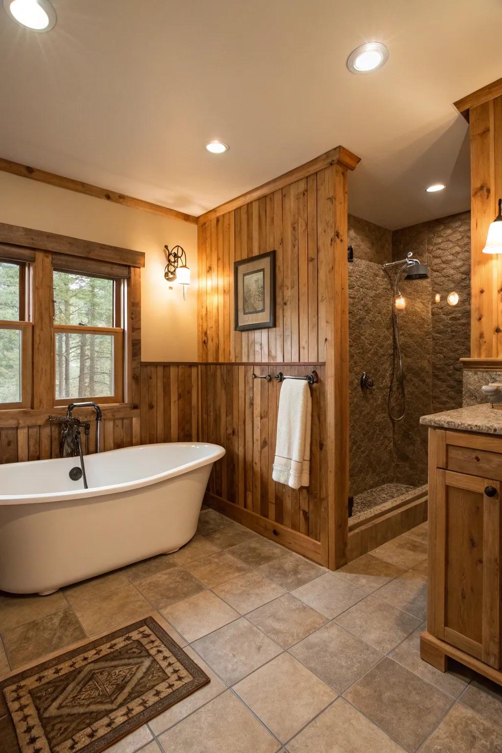 A serene bathroom space enhanced by rustic wainscoting.
