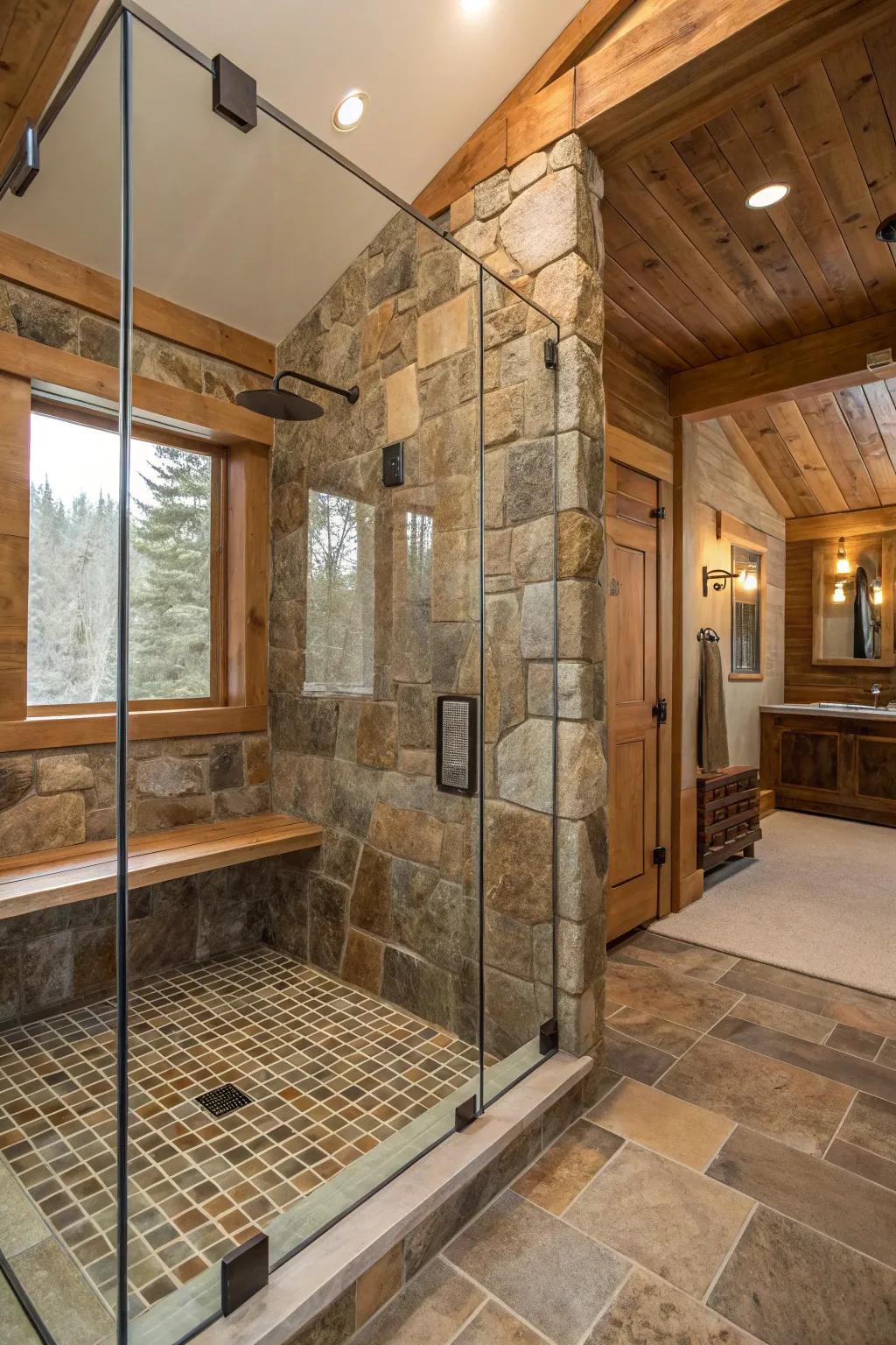 Clear surrounds accentuate your shower's rustic allure.