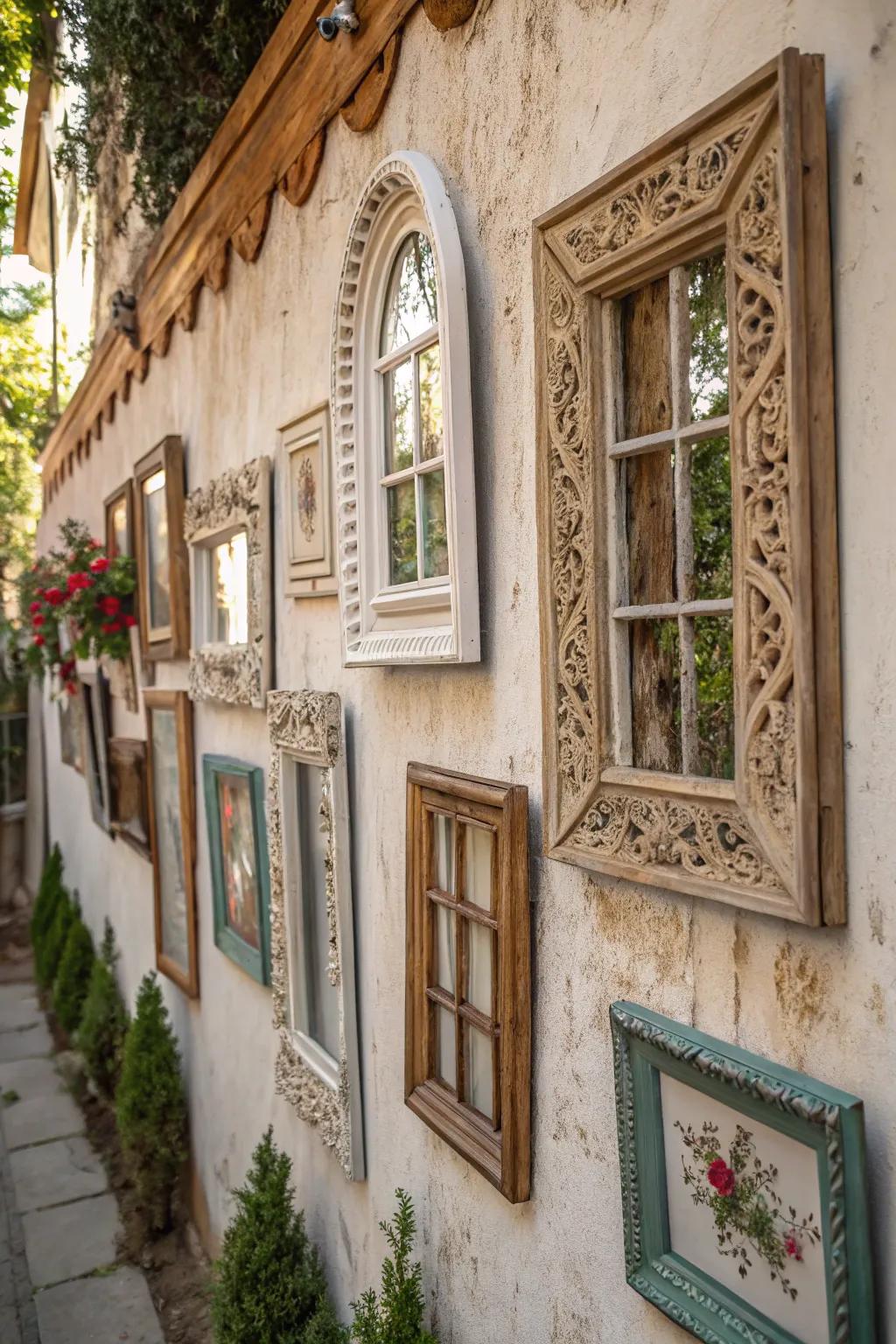 Antiquated window casings repurposed as unique and charming wall decor.
