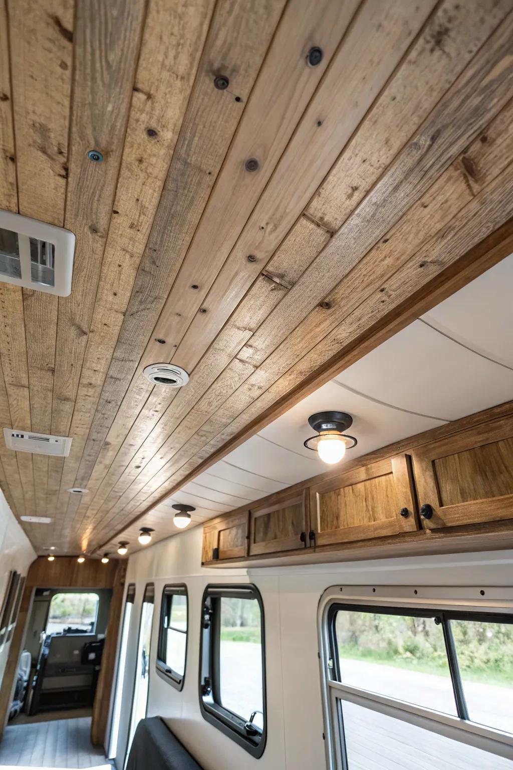 Shiplap ceilings bring a touch of rustic elegance to your RV.