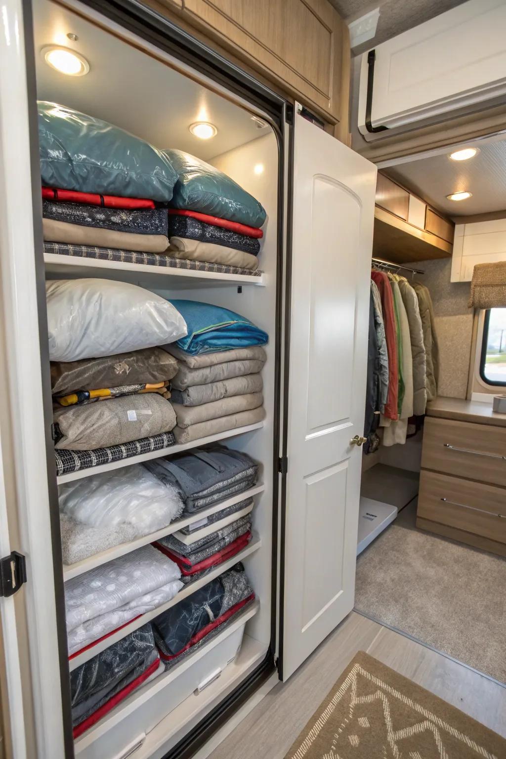 Vacuum bags give you small seasonal clothing storage in an RV closet.