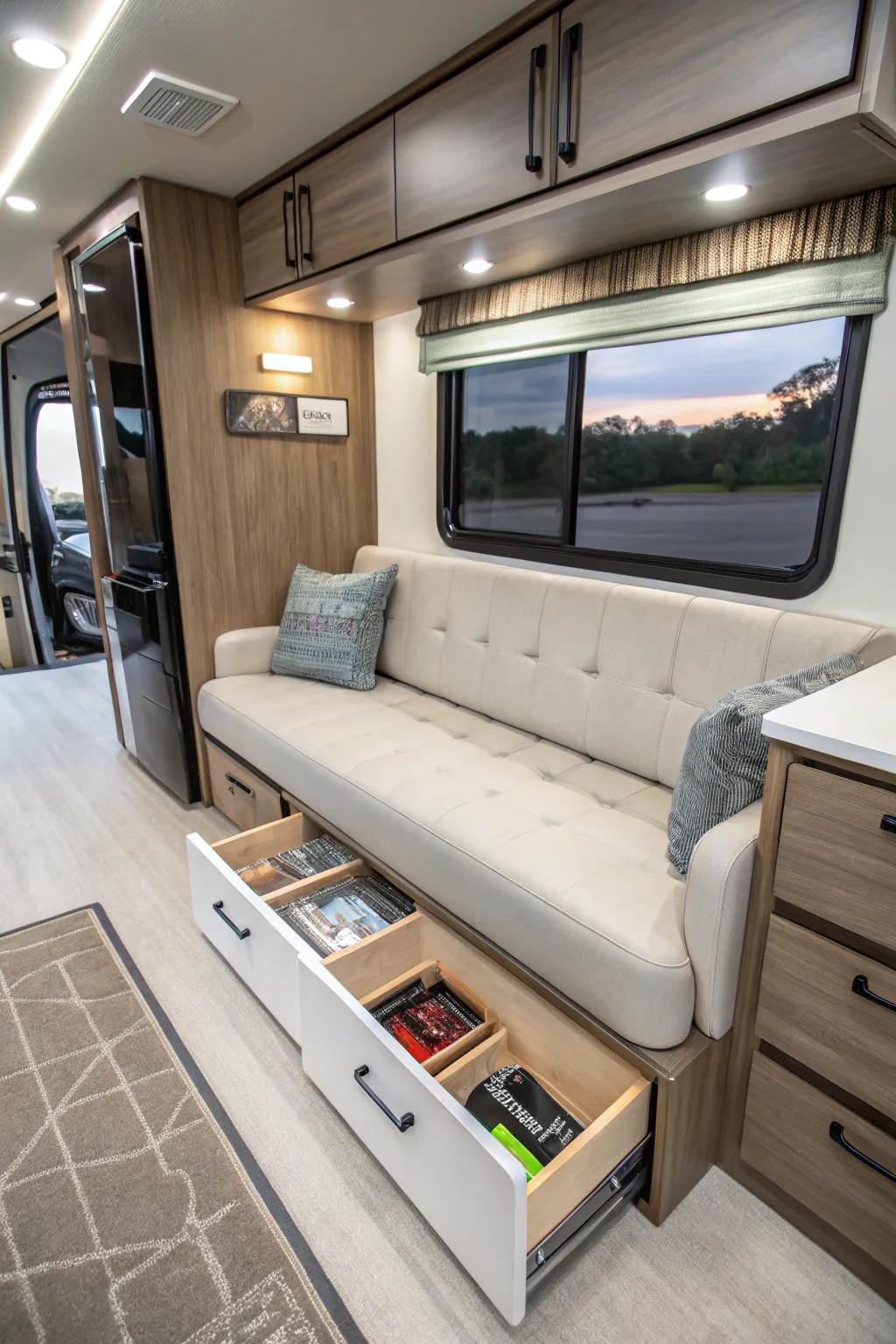 Built-in storage couches help maintain an organized RV space.