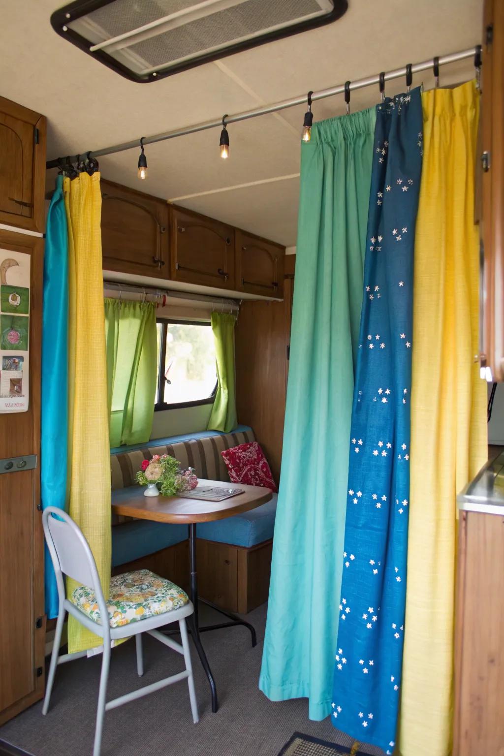 Add a splash of color with DIY fabric sheet curtains.