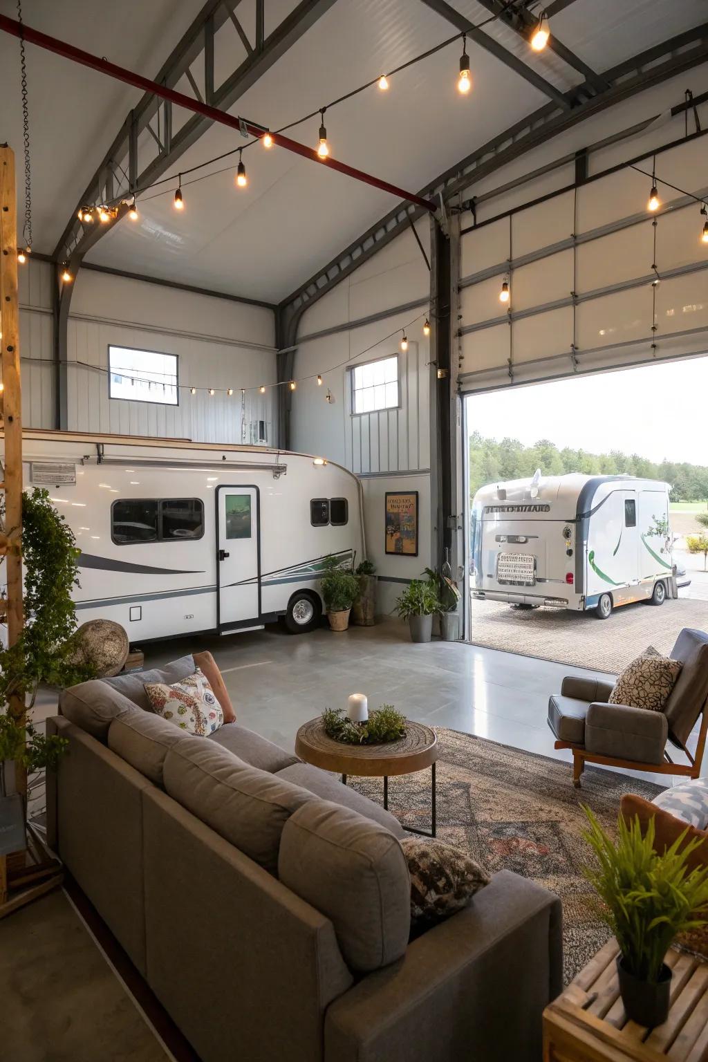 A loft space provides a cozy escape above the functional RV storage area.