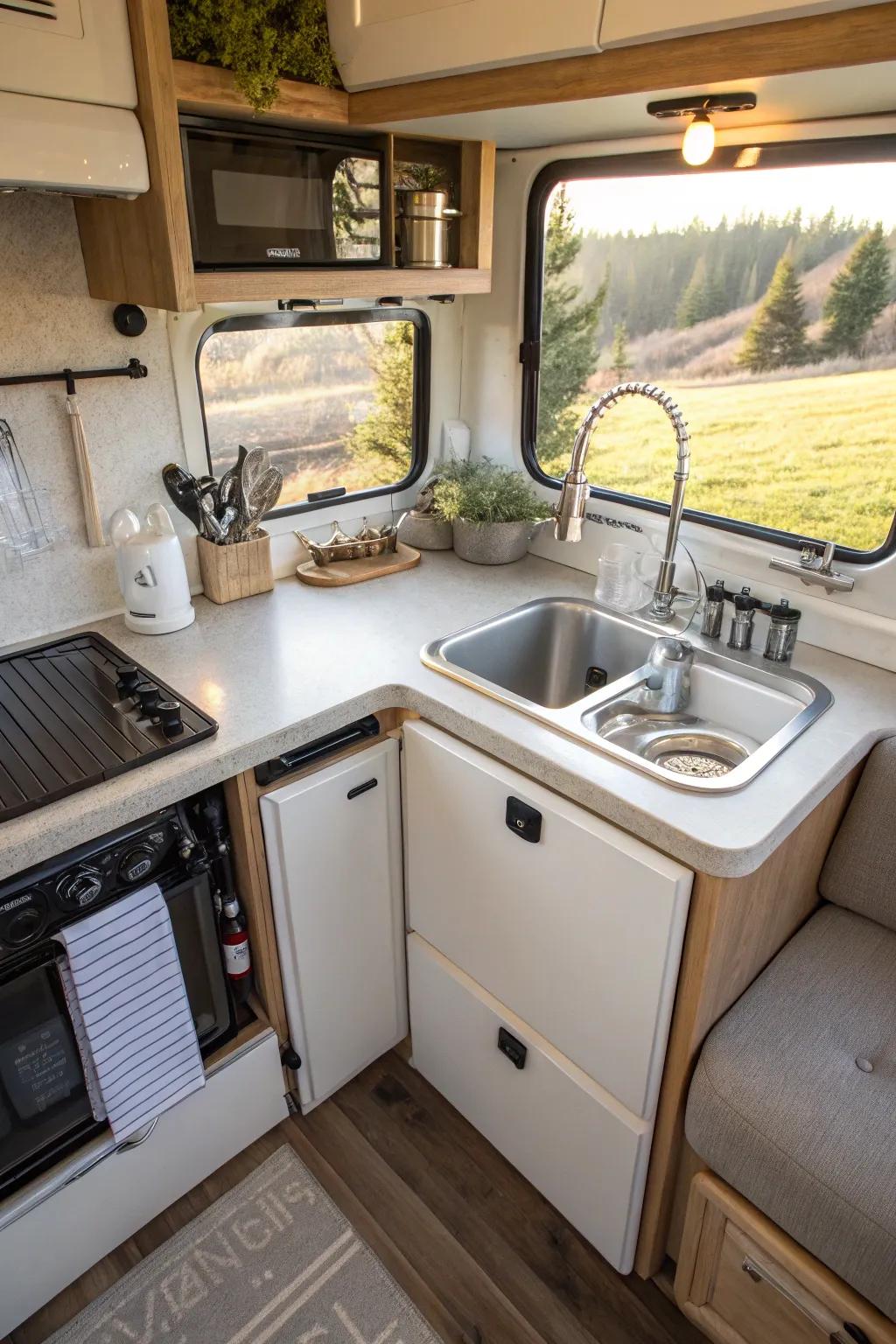 A corner sink arrangement is set up to use space effectively.