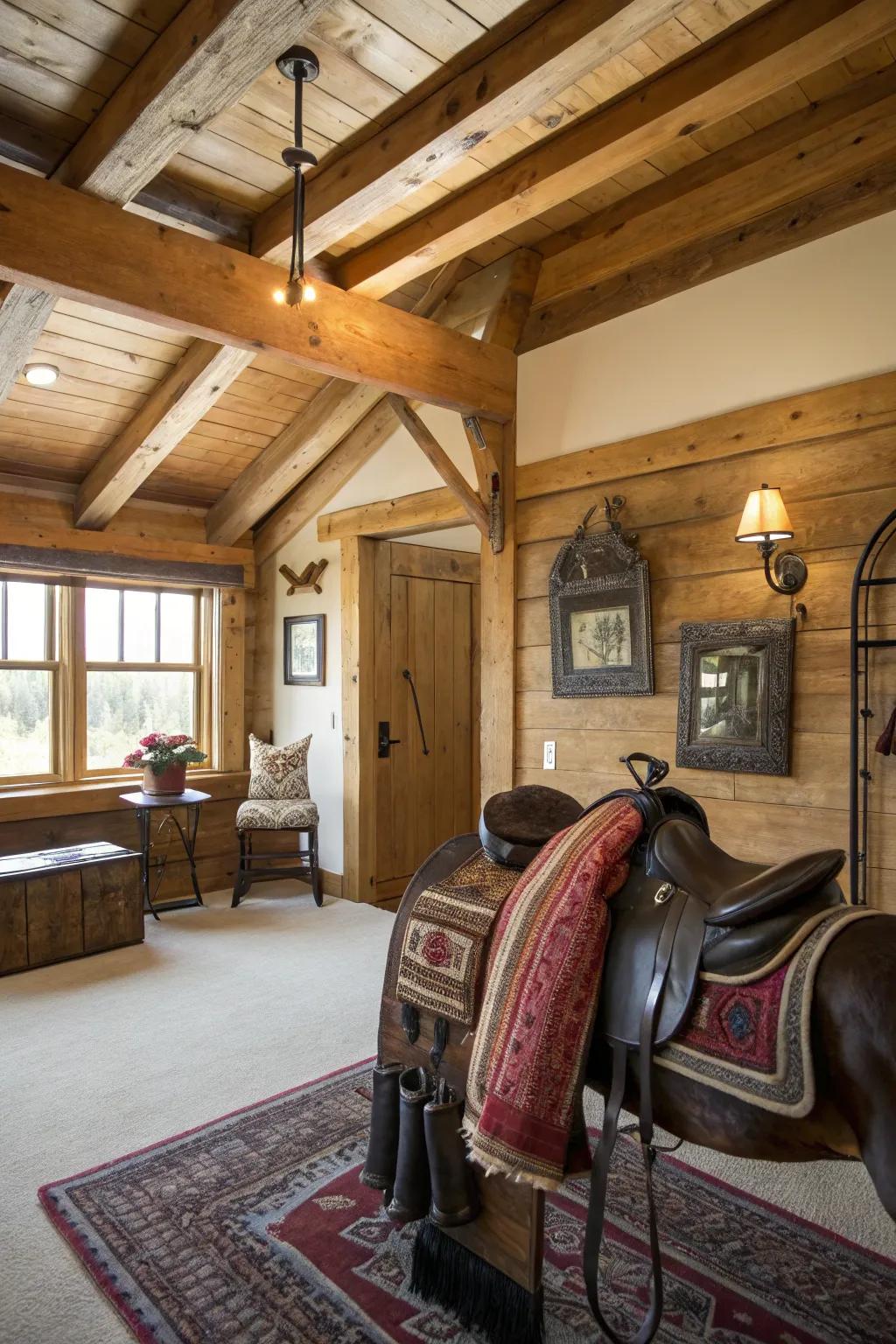 This Western-themed room flawlessly combines equestrian decor with rustic components.