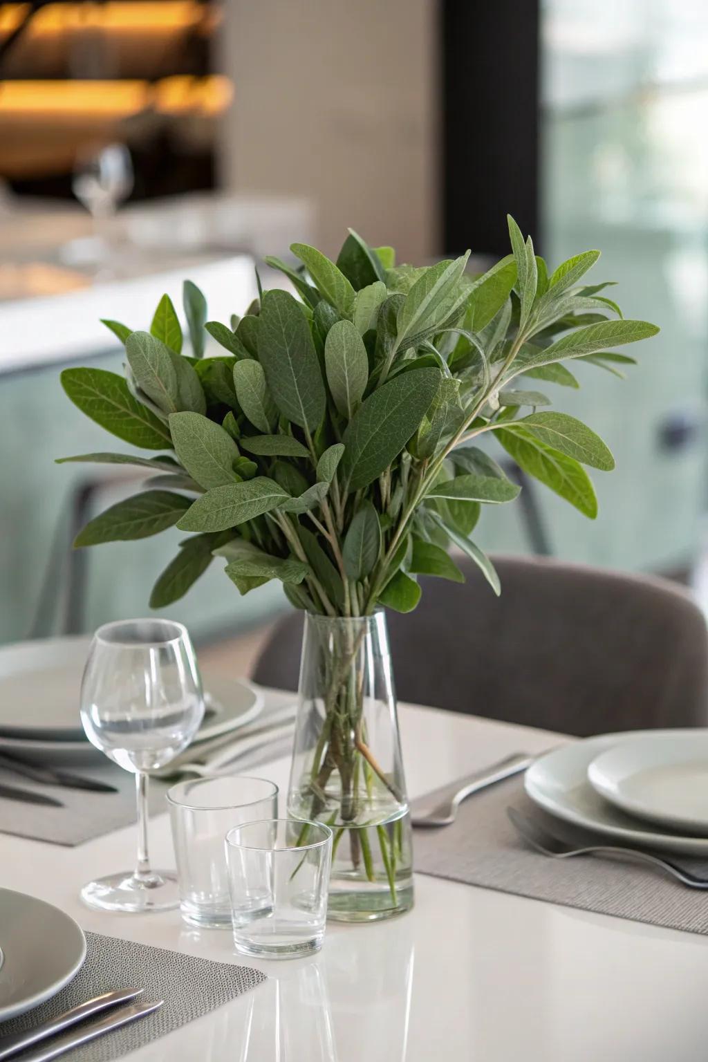 Elegant simplicity achieved with glass and verdant sage green foliage.