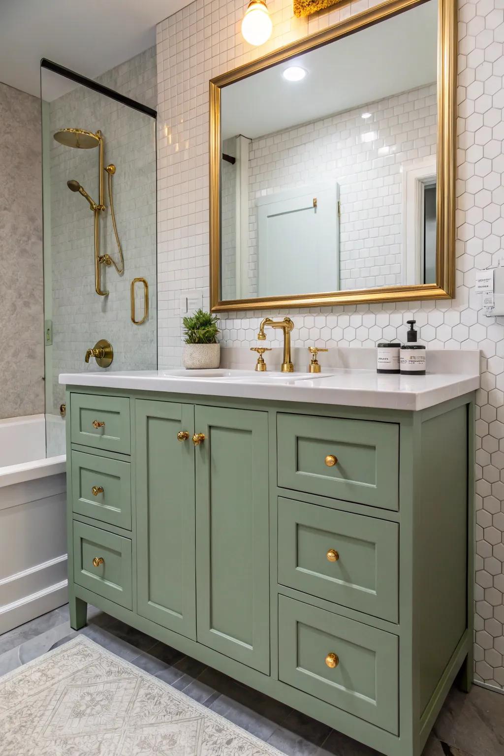 An elegant bathroom presenting a sage green vanity enhanced by brass fittings.
