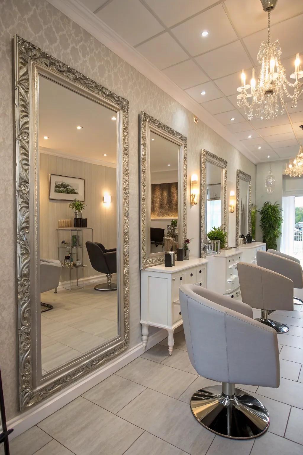 Floor-to-ceiling mirrors that amplify the salon's atmosphere.