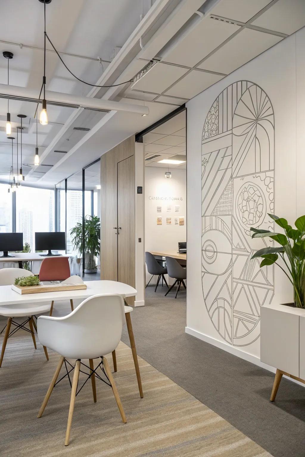 A workspace exhibiting abstract line art on the wall and simple design
