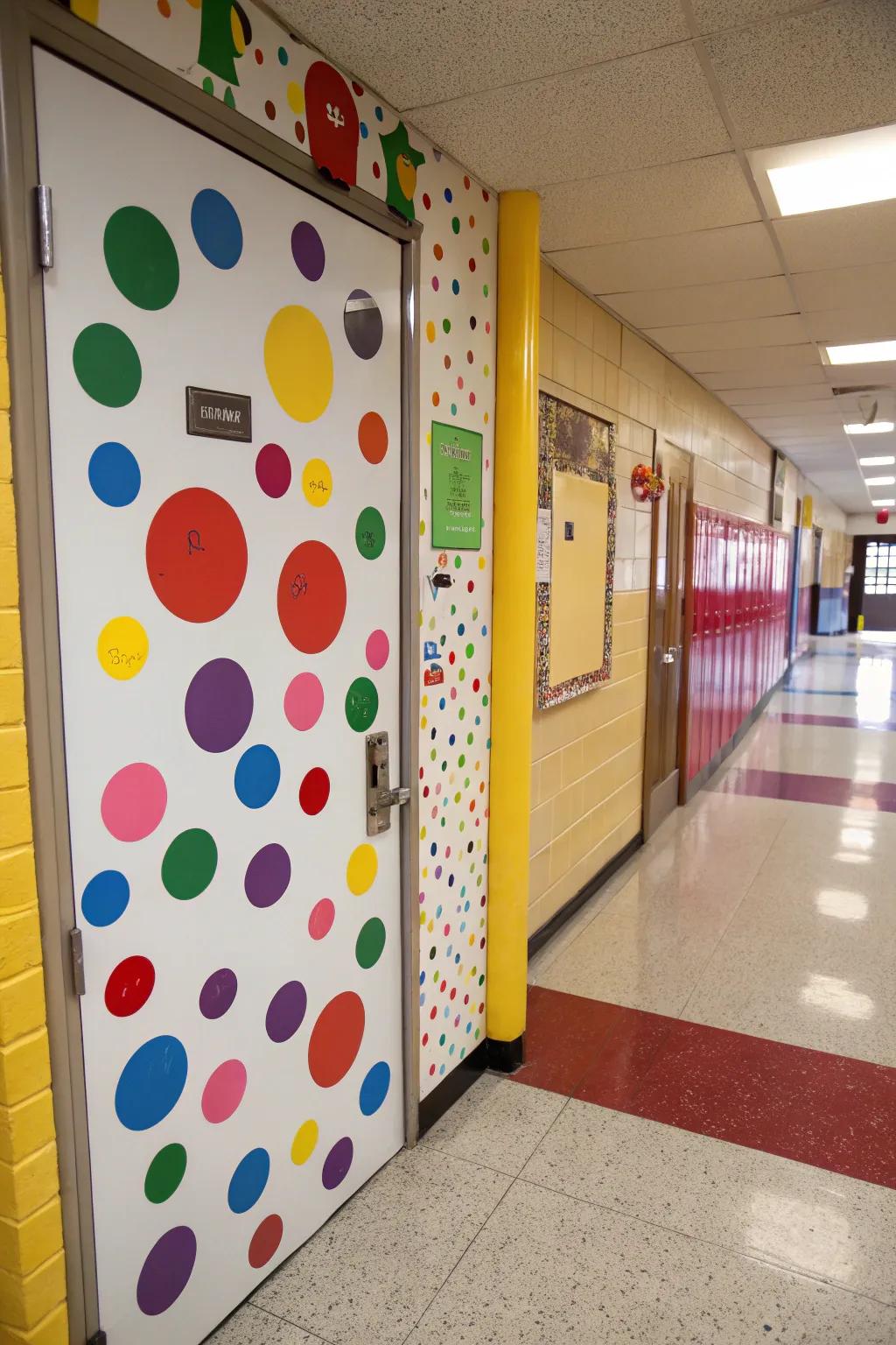 A playful round dot layout on an educational door.