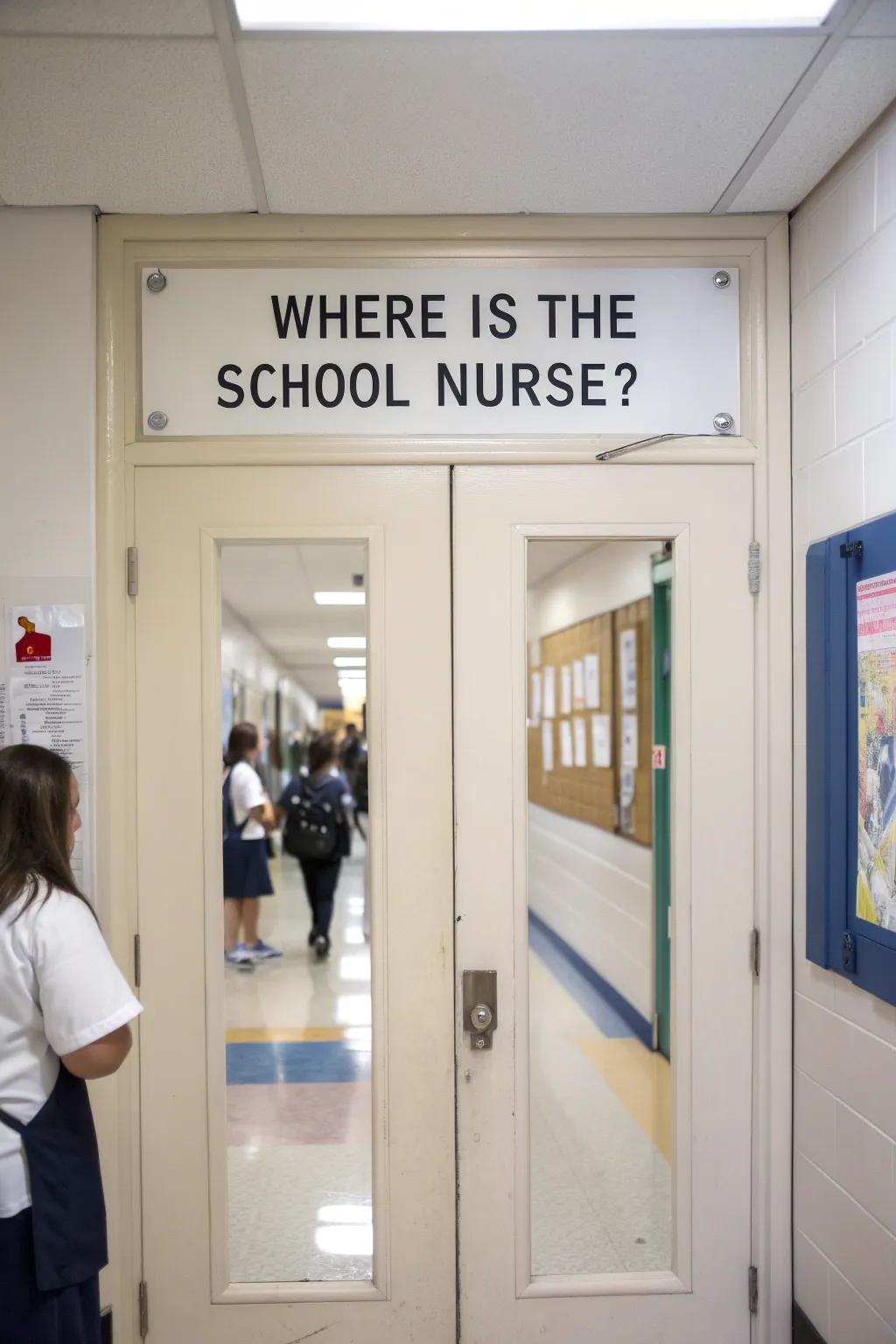 A practical 'Where is the School Nurse?' sign is put up on the office door.